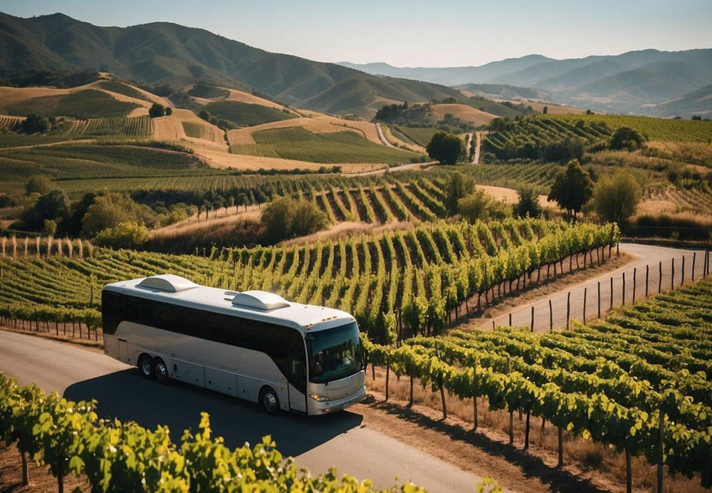 Vineyard landscape with rolling hills, lush grapevines, and elegant wineries. A luxury tour bus parked outside a grand entrance. Sunlight illuminates the picturesque setting