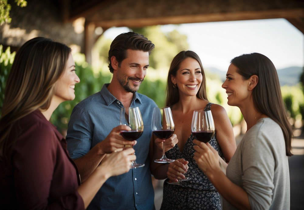 A group of tourists enjoy wine tasting at a luxurious Napa Valley winery, surrounded by scenic vineyards and elegant tasting rooms