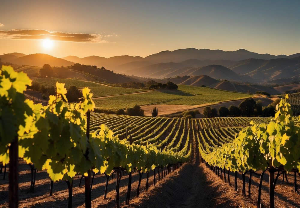 A scenic vineyard overlooks rolling hills and a grand winery estate in Napa Valley, California. The sun sets behind the mountains, casting a warm glow over the rows of lush grapevines