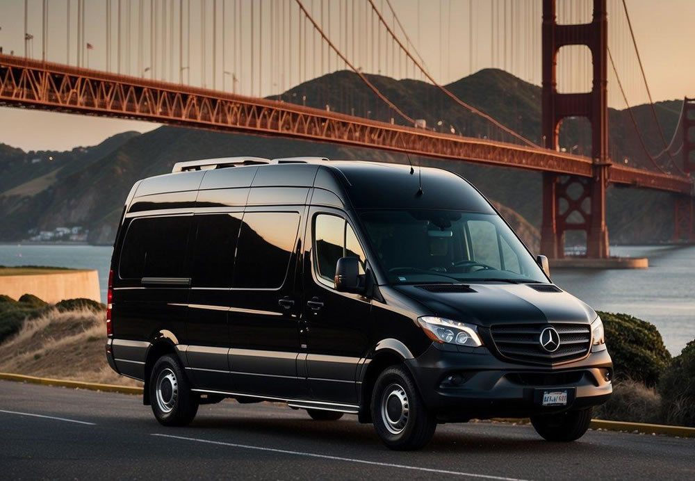  A mercedes sprinter is driving on a street. The golden gate bridge appears in the background.