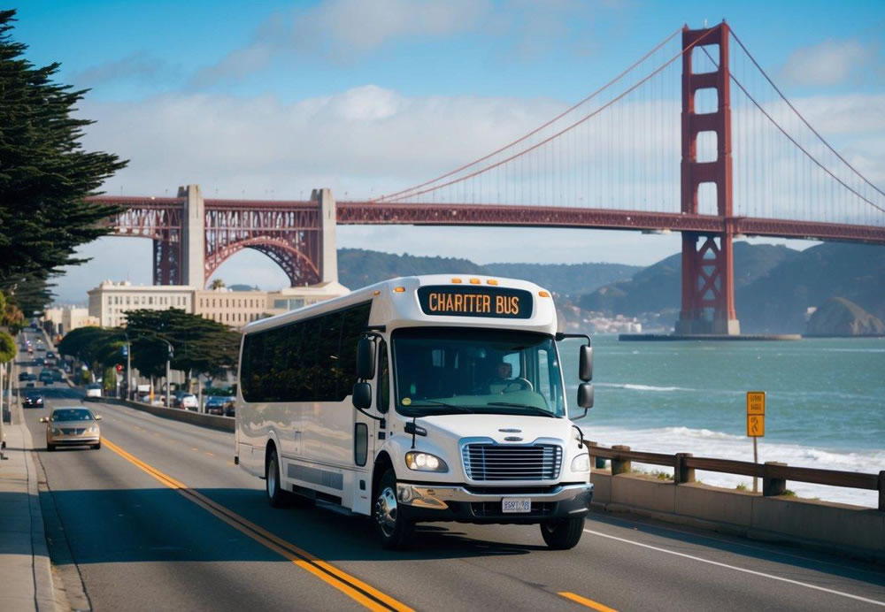 A charter bus driving through the iconic streets of San Francisco, passing by the Golden Gate Bridge and the bustling cityscape