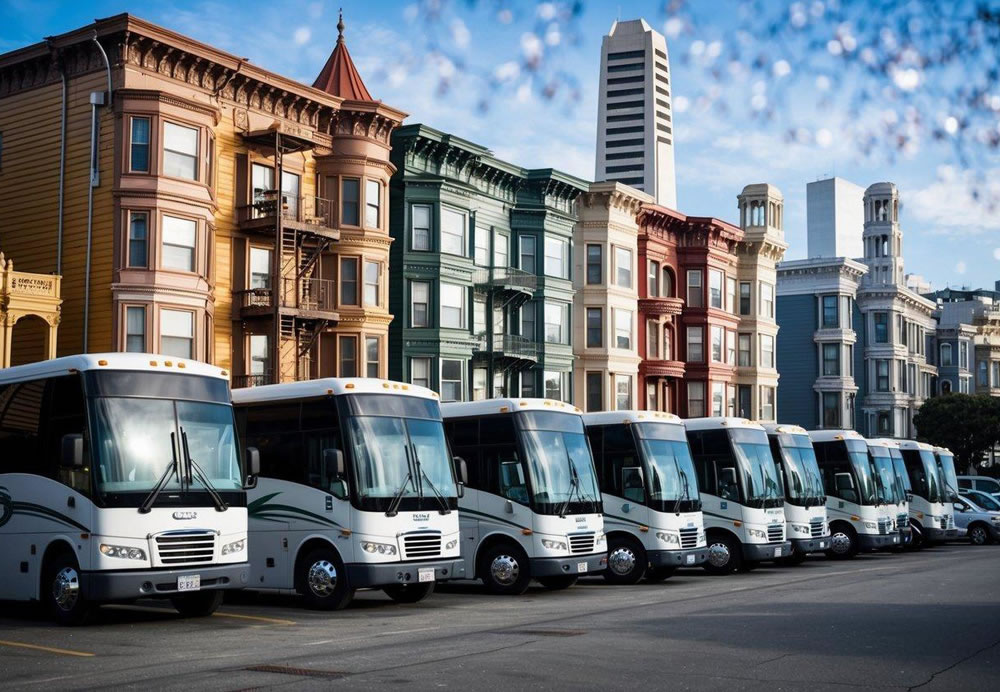 A row of charter buses parked in front of iconic San Francisco destinations