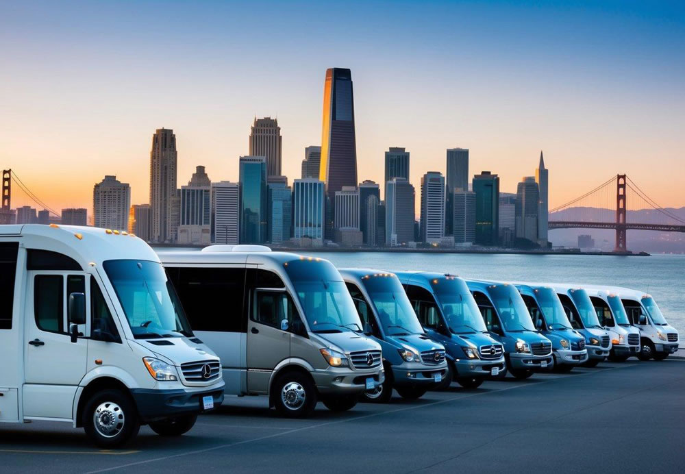 A row of different types of charter buses lined up in front of the iconic San Francisco skyline, showcasing the variety of options available for rentals